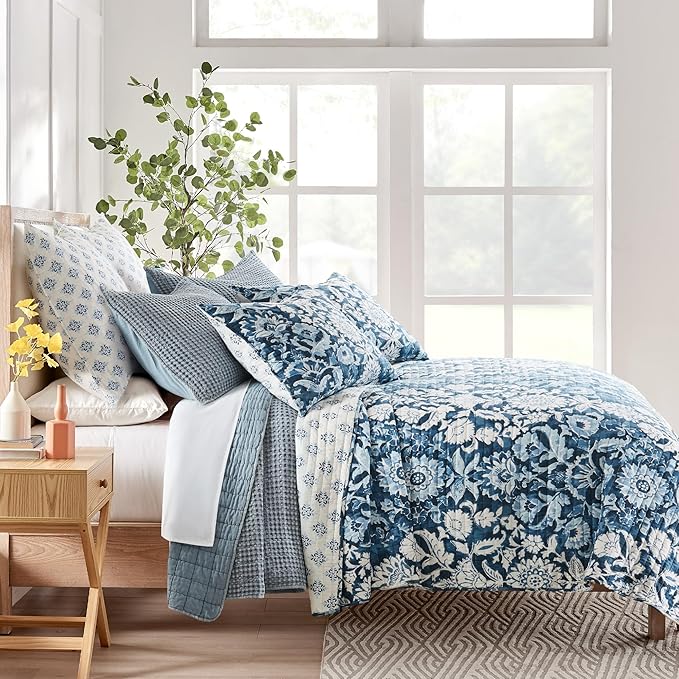 Levtex Home Mills Waffle Twin XL/Twin Quilt Set (68x86in) with 1 Pillow Sham (26x20in) - Chambray - Cotton Waffle Twin Size Quilt Bedding Set - Lightweight, Soft, Pre-Washed