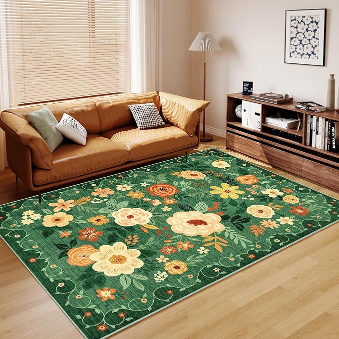 DUKINO 8x10 Area Rug, Floral Rugs for Living Room, Lightweight Non Slip Washable Rug, Indoor Low Pile & Non-Shedding Boho Design Rugs for Bedroom, Living Room, Dining Room, Dark Green
