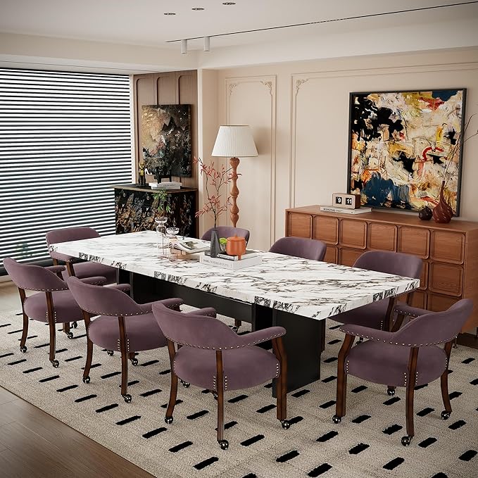 MODERION Dinning Chairs with Wheels and Arms Set of 8, Solid Wood Office Desk Chairs with Frosted Velvet Upholstered, Classic Swivel Accent Chairs, 31.5" H Boss Caption's Chair, Plum, XXY-HT22-PM