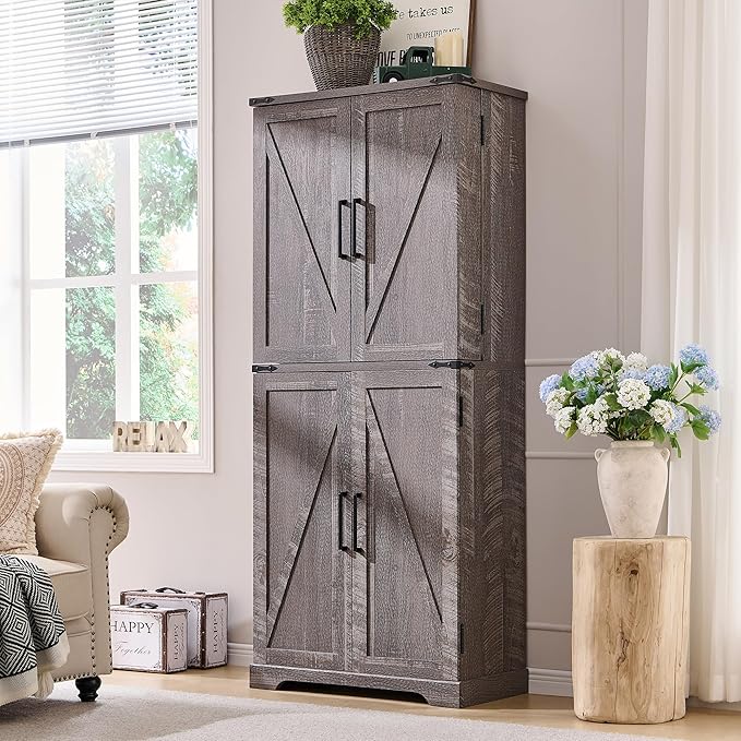 72" Tall Kitchen Pantry, Farmhouse Storage Cabinet with Barn Doors, Organizer, Drawer and Adjustable Shelves, Rustic Wood Cupboard for Kitchen, Dining Room, Bathroom and Hallway, Rustic Grey