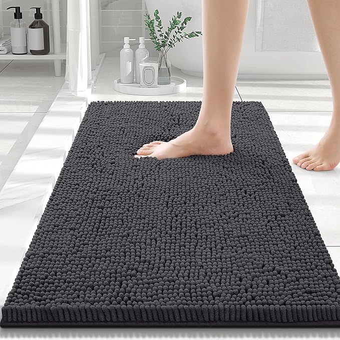 Smiry Luxury Chenille Bathroom Rugs 30x20, Extra Soft and Absorbent Shaggy Bath Mat, Machine Washable, Non-Slip Plush Carpet Runner for Tub, Shower, and Floor, Home Decor Accessories, Charcoal Grey