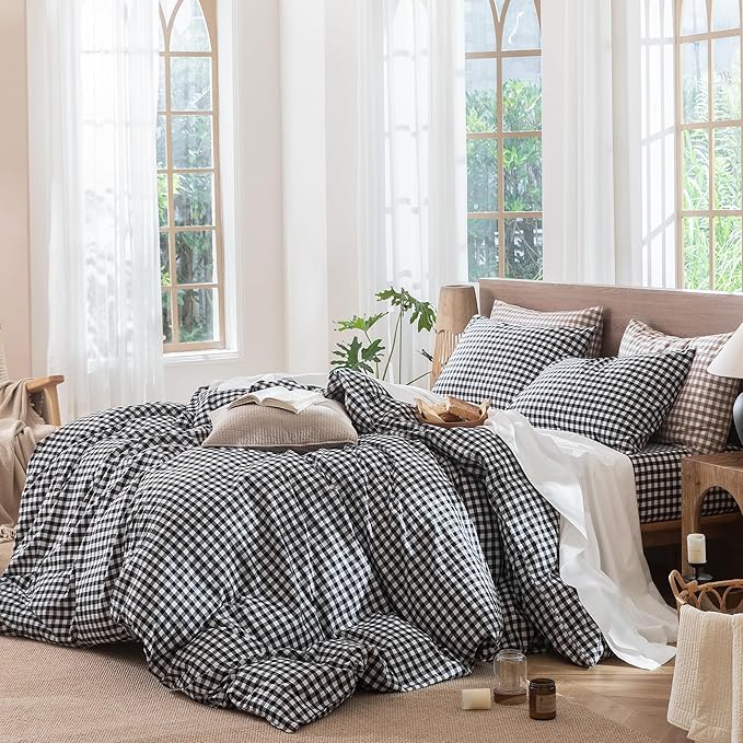 MooMee Gingham Duvet Cover Set 100% Washed Cotton Linen Like Textured Breathable Durable Soft Comfy Modern Checkered Design (Black White Gingham, Cal King 104"x98")