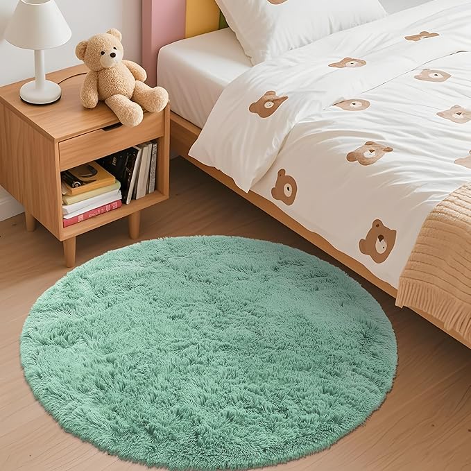 OLANLY Mint Green Round Rugs for Bedroom - Machine Washable, 3 ft Circle Area Rugs for Living Room, Soft and Fluffy Shaggy Carpet for Teen Girls and Boys, Nursery Rooms, Dorms, Home Decor Aesthetic