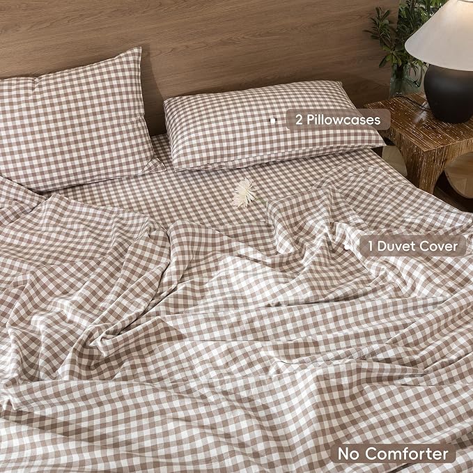 MooMee Gingham Duvet Cover Set 100% Washed Cotton Linen Like Textured Breathable Durable Soft Comfy Modern Checkered Design (Brown Gingham, Cal King 104"x98")