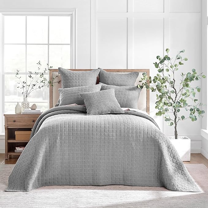 Levtex Home Mills Waffle Twin Bedspread Set (84x104in) with 1 Pillow Sham (26x20in) - Grey - Cotton Waffle Twin Size Bedspread Set - Lightweight, Soft, Pre-Washed