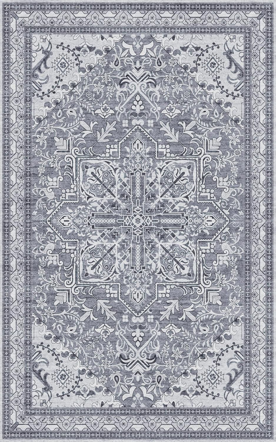 Washable Area Rug 5x8 | Non Slip Area Rug for Living Room, Bedrooms, Dining Room | Ultra-Soft Flannel Carpet Area with Rubber Backing (Frosted Graphite, 5x8)