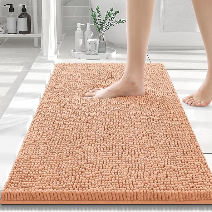 Smiry Luxury Chenille Bathroom Rugs 30x20, Extra Soft and Absorbent Shaggy Bath Mat, Machine Washable, Non-Slip Plush Carpet Runner for Tub, Shower, and Floor, Home Decor Accessories, Peach