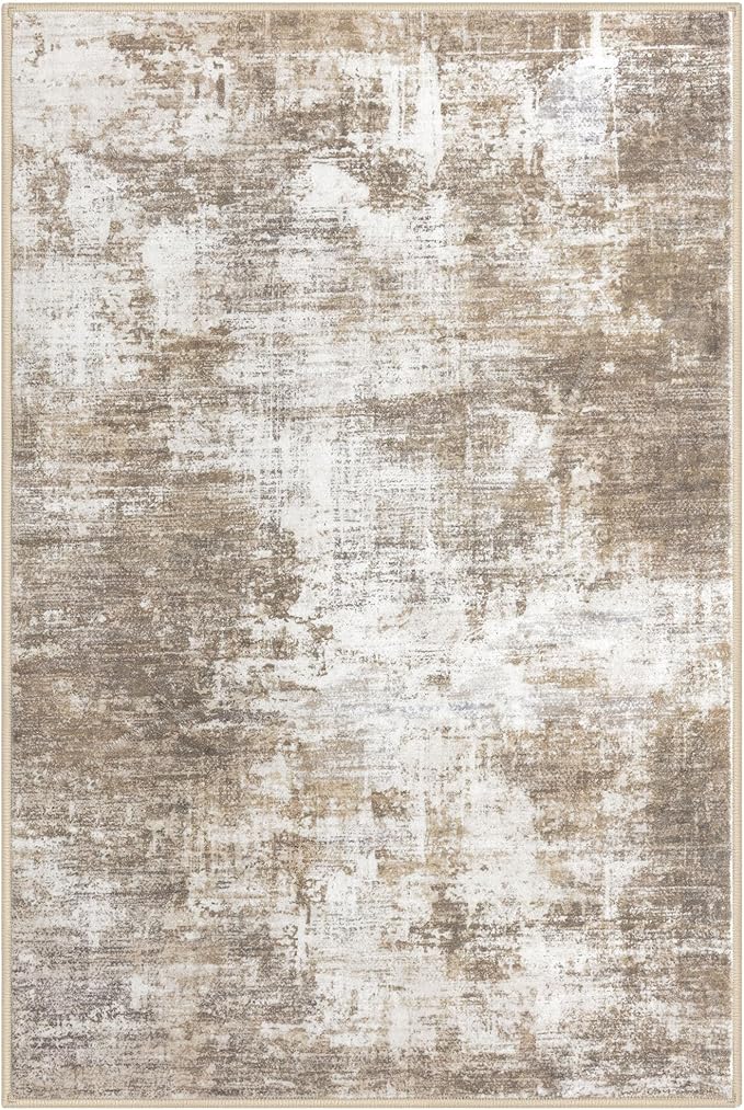 IOHOUZE Abstract Area Rug 4x6 Ft Washable Rugs for Entryway Indoor, Non Slip Small Living Room Rugs Printed Faux Wool Throw Rug, Floor Carpet for Kitchen Nursery Playroom, Beige Brown