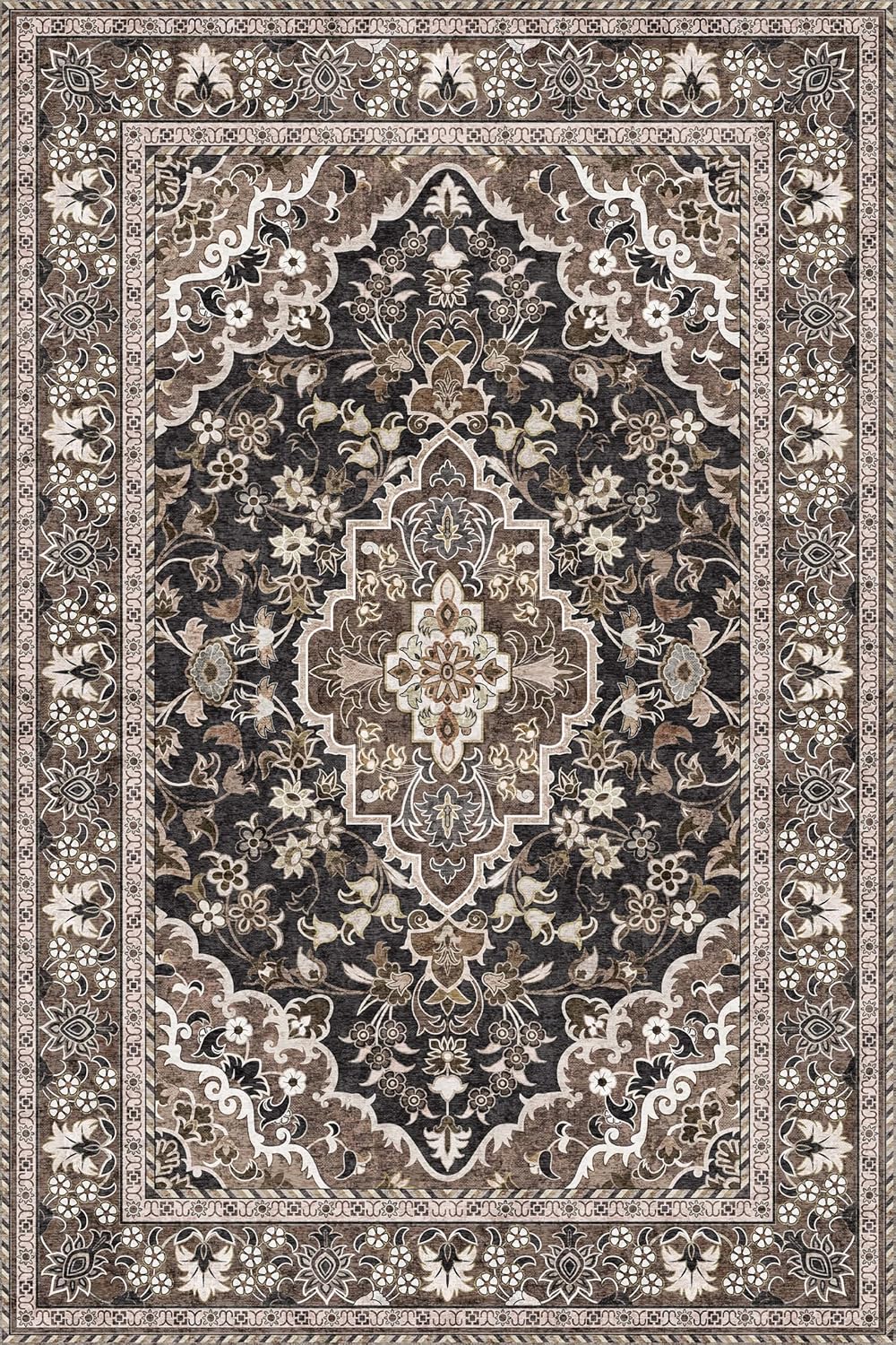 Washable Area Rug 6x9 | Non Slip Area Rug for Living Room, Bedrooms, Dining Room | Ultra-Soft Flannel Carpet Area with Rubber Backing (Black Brown, 6x9)