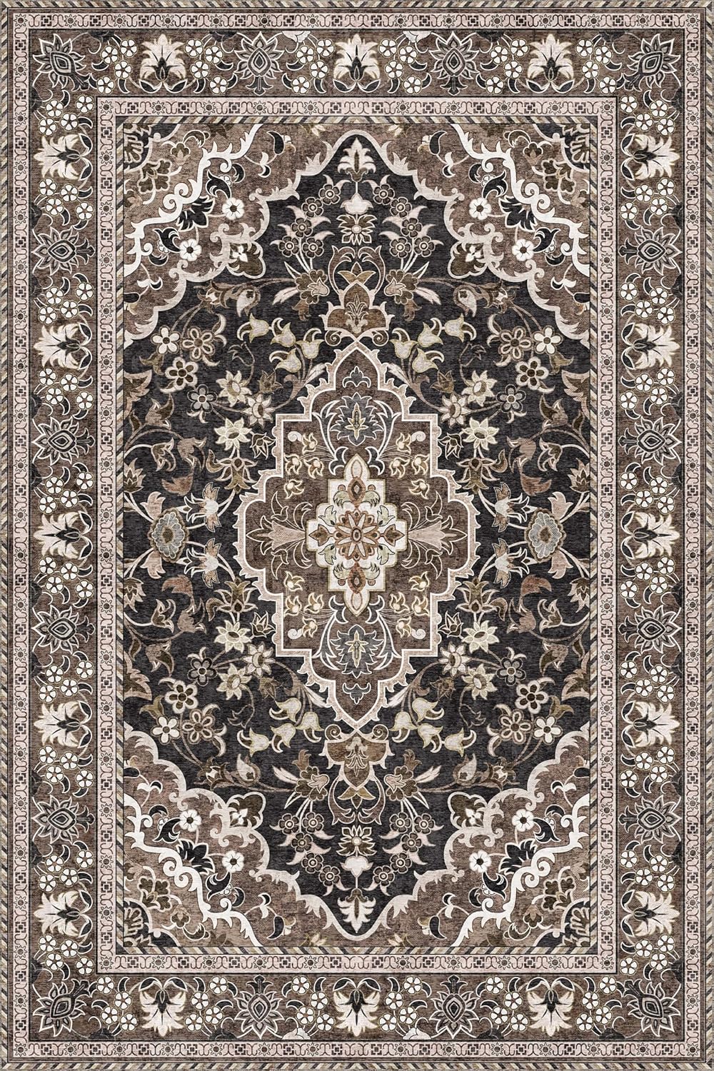 Washable Area Rug 4x6 | Non Slip Area Rug for Living Room, Bedrooms, Dining Room | Ultra-Soft Flannel Carpet Area with Rubber Backing (Black Brown, 4x6)