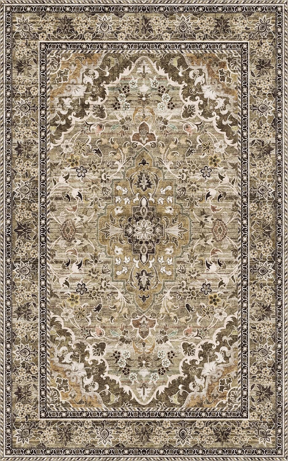 Washable Area Rug 5x8 | Non Slip Area Rug for Living Room, Bedrooms, Dining Room | Ultra-Soft Flannel Carpet Area with Rubber Backing (Sage Grey Brown, 5x8)