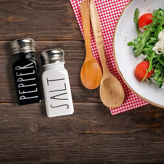 Salt and Pepper Shakers Set by Brighter Barns - Cute Modern Farmhouse Kitchen Decor for Home Restaurants Wedding - Gorgeous Vintage Glass Black White Shaker Sets with Stainless Steel Lids