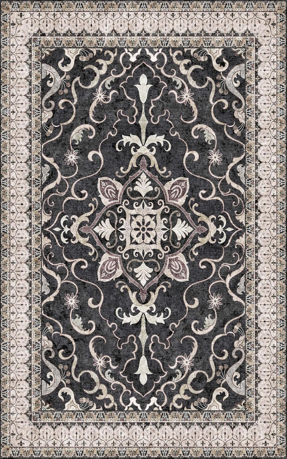 Washable Area Rug 5x8 | Non Slip Area Rug for Living Room, Bedrooms, Dining Room | Ultra-Soft Flannel Carpet Area with Rubber Backing (Black Cream, 5x8)