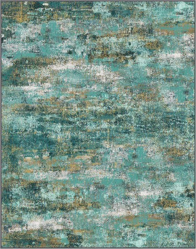 Machine Washable Rug 8x10 Area Rugs for Living Room Bedroom, Large Turquoise Abstract Area Rug Soft Throw Rugs, Low-Pile Floor Carpet with Non Slip Rubber Backing