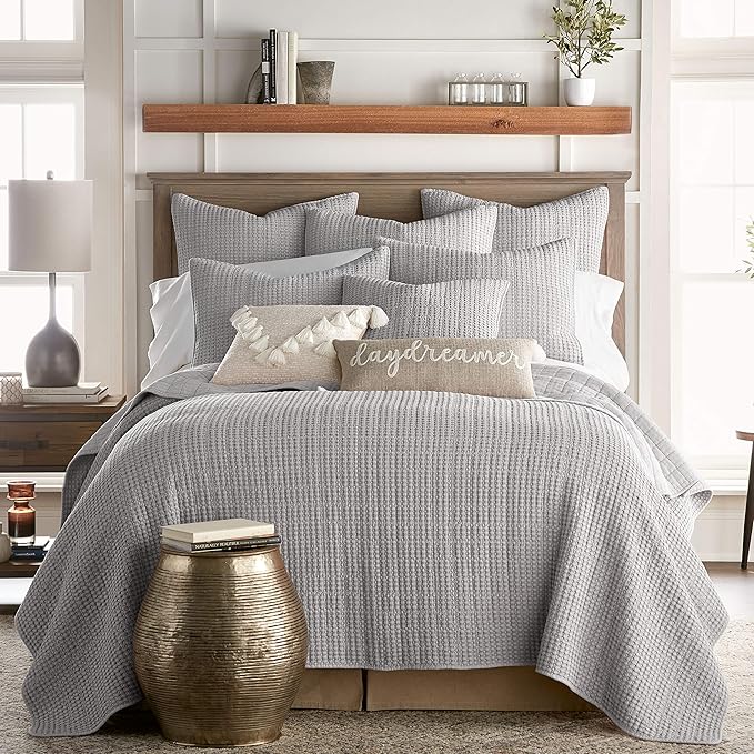 Levtex Home Mills Waffle King/Cal King Quilt Set (106x92in) with 2 Pillow Shams (36x20in) - Grey - Cotton Waffle King Size Quilt Bedding Set - Lightweight, Soft, Pre-Washed