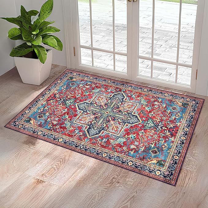 Washable Entryway Rug 3x5 | Non Slip Rug Runners for Hallways, Entryways, Kitchens, Bathrooms, Bedrooms | Ultra-Soft Flannel Carpet Kitchen Rug with Rubber Backing (Navy Red, 3x5)