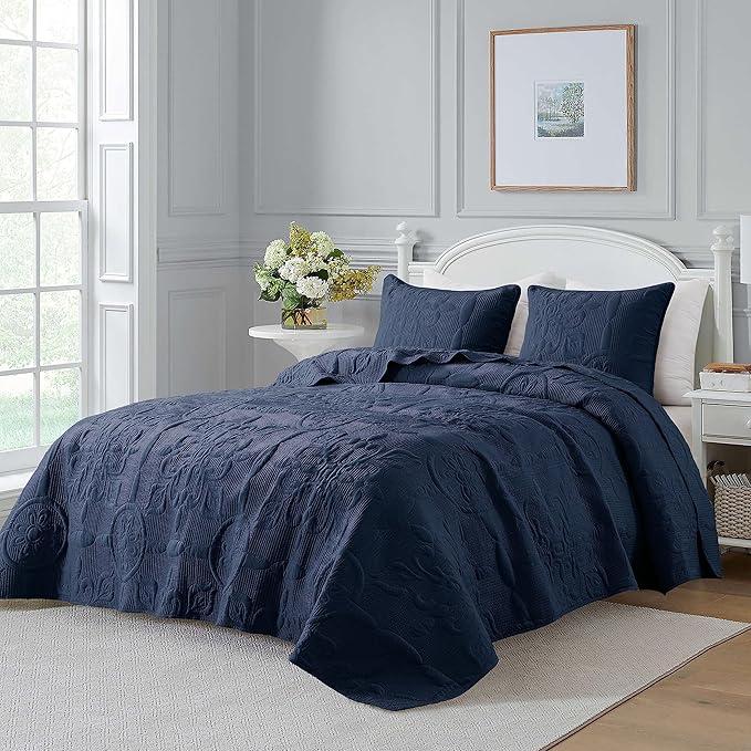 Navy Blue Damask Quilt Queen Size Bedding Sets with 2 Pillow Shams, Boho Bedspread Lightweight Soft Farmhouse Vintage Bohemian Coverlet Retro Jacquard Pattern Bed Cover for All Season, 3 Pieces