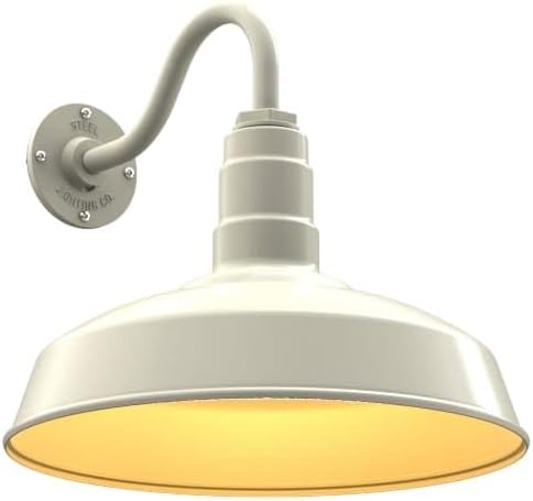 Steel Lighting Co. Gardena Barn Light | Outdoor Wall Mounted | 16" Dome | 11" Gooseneck | Farmhouse Light Made in America | Cream Exterior/Brass Interior