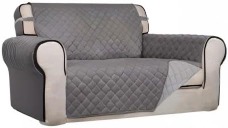 PureFit Reversible Quilted Sofa Cover, Water Resistant Medium Slipcover Furniture Protector, Washable Couch Cover with Non Slip Foam and Elastic Straps for Kids, Dogs, Pets (Loveseat, Gray/Light Gray)