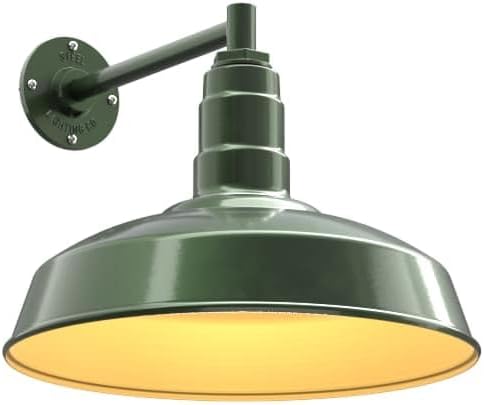 Steel Lighting Co. Gardena Barn Light | Outdoor Wall Mounted | 16" Dome | 11" Straight Arm | Farmhouse Light Made in America | Hunter Green Exterior/Brass Interior