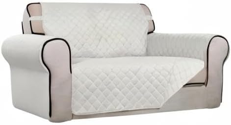 PureFit Reversible Quilted Sofa Cover, Water Resistant Slipcover Furniture Protector, Washable Couch Cover with Non Slip and Elastic Straps for Kids, Dogs, Pets (Loveseat, Ivory/Ivory)