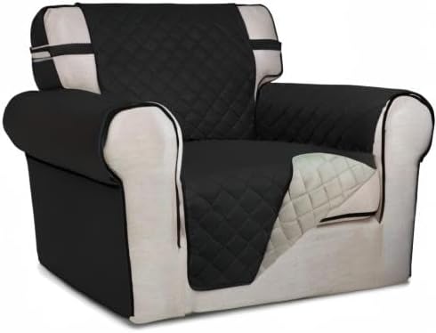 PureFit Reversible Quilted Sofa Cover, Water Resistant Slipcover Furniture Protector, Washable Couch Cover with Non Slip and Elastic Straps for Kids, Dogs, Pets (Chair, Black/Beige)