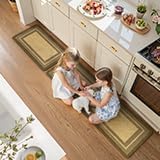 KIMODE Anti Fatigue Cushioned Kitchen Mats for Floor 2 Piece, Boho Vintage Kitchen Rugs Non Skid, Comfort Memory Foam Standing Desk Mats for Laundry Office Sink 17.3"x29"+17.3"x59" Brown/Khaki