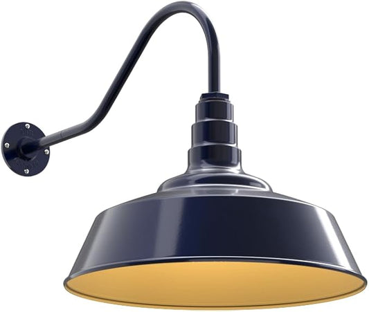 Steel Lighting Co. Redondo Barn Light | Outdoor Wall Mounted | 20 inch Dome | 23" Gooseneck | Large Farmhouse Warehouse Light Made in America | Navy Blue Exterior/Brass Interior