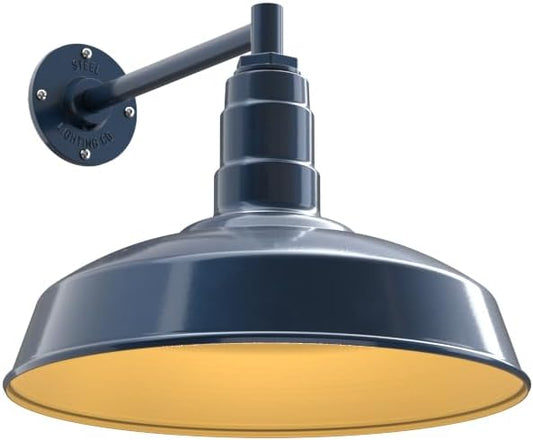 Steel Lighting Co. Gardena Barn Light | Outdoor Wall Mounted | 16" Dome | 11" Straight Arm | Farmhouse Light Made in America | Gray Blue Exterior/Brass Interior