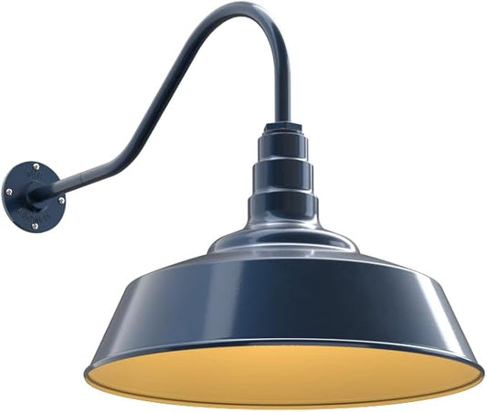 Steel Lighting Co. Redondo Barn Light | Outdoor Wall Mounted | 20 inch Dome | 23" Gooseneck | Large Farmhouse Warehouse Light Made in America | Gray Blue Exterior/Brass Interior