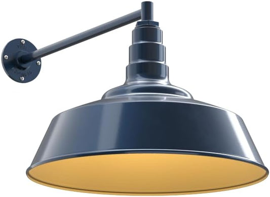 Steel Lighting Co. Redondo Barn Light | Outdoor Wall Mounted | 20 inch Dome | 20" Straight Arm | Large Farmhouse Warehouse Light Made in America | Gray Blue Exterior/Brass Interior