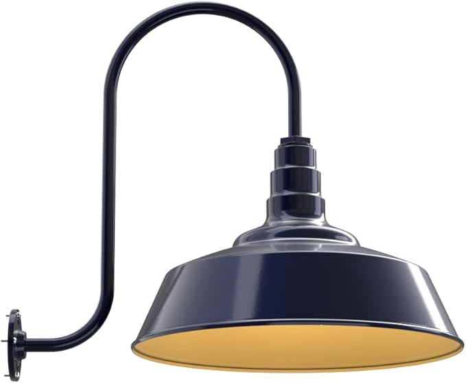 Steel Lighting Co. Redondo Barn Light | Outdoor Wall Mounted | 20 inch Dome | Upward Sloping Gooseneck | Large Farmhouse Warehouse Light Made in America | Navy Blue Exterior/Brass Interior