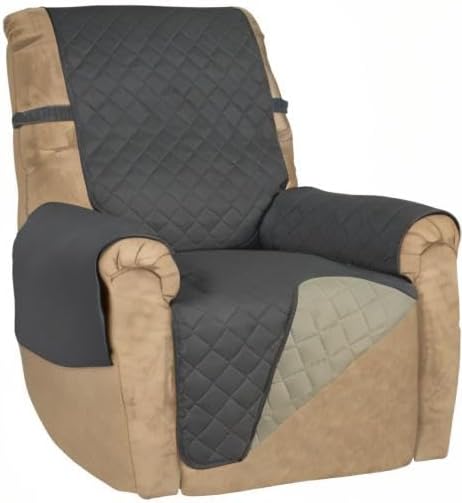 PureFit Reversible Quilted Sofa Cover, Water Resistant Slipcover Furniture Protector, Washable Couch Cover with Non Slip and Elastic Straps for Kids, Dogs, Pets (Small Recliner, Dark Gray/Beige)