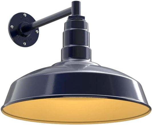 Steel Lighting Co. Gardena Barn Light | Outdoor Wall Mounted | 16" Dome | 11" Straight Arm | Farmhouse Light Made in America | Navy Blue Exterior/Brass Interior
