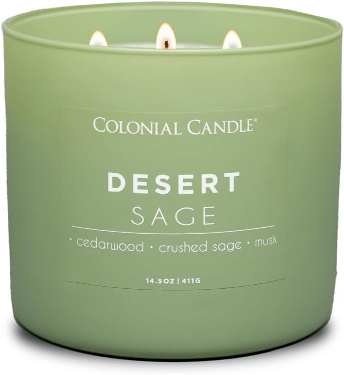 Colonial Candle Desert Sage Scented Jar Candle, Pop of Color Collection, 3 Wick, 14.5 oz - Up to 60 Hours Burn