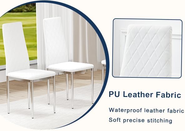JT Modern Minimalist Dining Chair Fireproof Leather Sprayed Metal Pipe Diamond Grid Pattern Restaurant Home Conference Chair Set of 4 Or 6 (8, White)