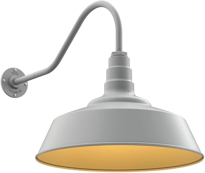 Steel Lighting Co. Redondo Barn Light | Outdoor Wall Mounted | 20 inch Dome | 23" Gooseneck | Large Farmhouse Warehouse Light Made in America | Modern Gray Exterior/Brass Interior