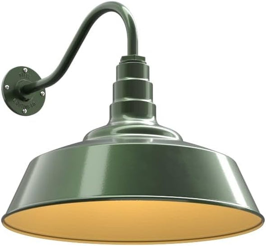 Steel Lighting Co. Redondo Barn Light | Outdoor Wall Mounted | 20 inch Dome | 16" Gooseneck | Large Farmhouse Warehouse Light Made in America | Hunter Green Exterior/Brass Interior