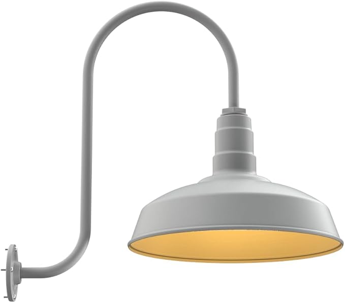 Steel Lighting Co. Gardena Barn Light | Outdoor Wall Mounted | 16" Dome | Upward Sloping Gooseneck | Farmhouse Light Made in America | Modern Gray Exterior/Brass Interior
