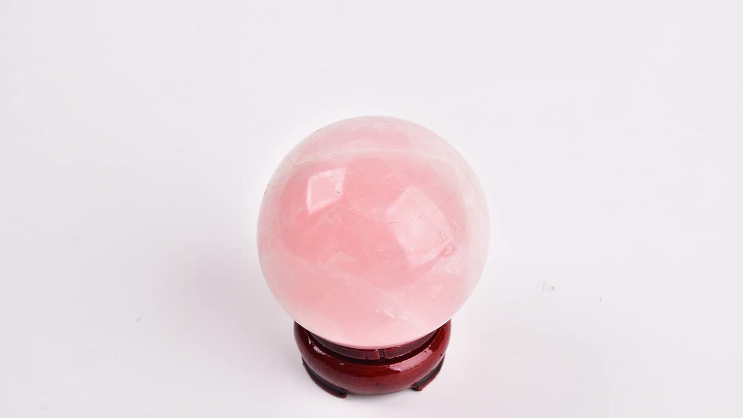 JIC Gem 2.9 Inch Natural Pink Rose Quartz Magic Crystal Healing Ball Ornament Sphere with Wood Stand for Decoration,Meditation, Scrying Mirror,Feng Shui.