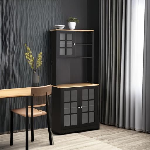 HOMCOM Kitchen Pantry Storage Cabinet, 72" Freestanding Cabinet with Hutch, Large Countertop, Glass Doors and Adjustable Shelves for Dining Room, Black