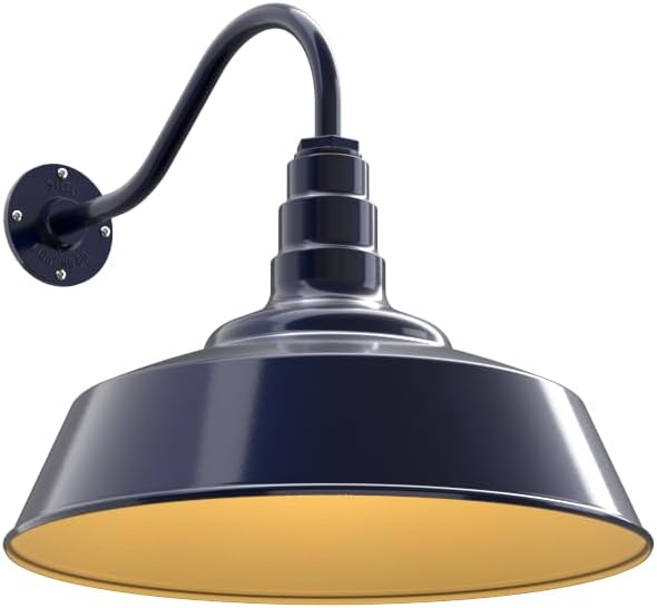Steel Lighting Co. Redondo Barn Light | Outdoor Wall Mounted | 20 inch Dome | 16" Gooseneck | Large Farmhouse Warehouse Light Made in America | Navy Blue Exterior/Brass Interior