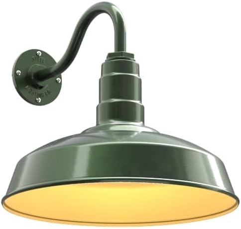 Steel Lighting Co. Gardena Barn Light | Outdoor Wall Mounted | 16" Dome | 11" Gooseneck | Farmhouse Light Made in America | Hunter Green Exterior/Brass Interior