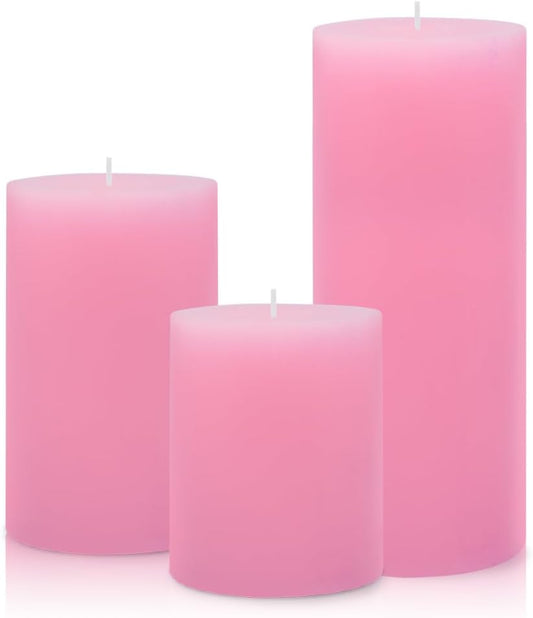 3 Packs Different Size Pink Pillar Candles, Unscented Dripless 2.75x3, 2.75x4, 2.75x6 Inch Pastel Colored Long Lasting Burning Cylinder Wax Candles for Home Power Outage Dinner Table Decoration