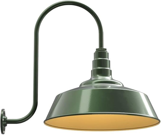 Steel Lighting Co. Redondo Barn Light | Outdoor Wall Mounted | 20 inch Dome | Upward Sloping Gooseneck | Large Farmhouse Warehouse Light Made in America | Hunter Green Exterior/Brass Interior
