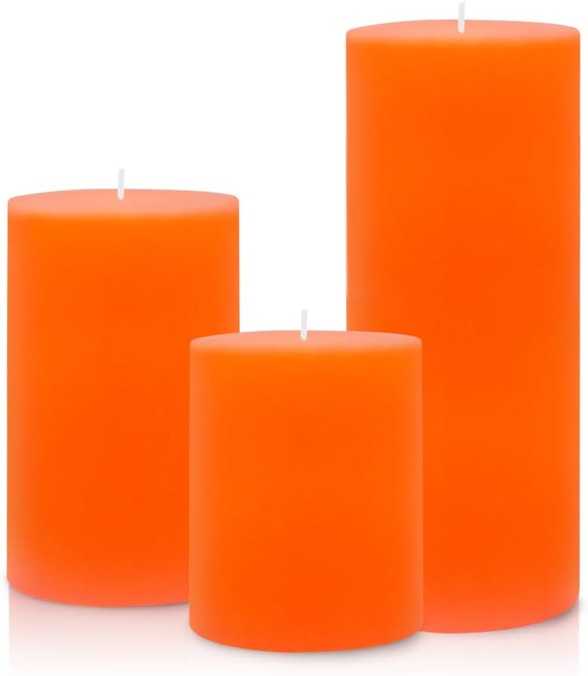 Set of 3 Different Size Orange Pillar Candles, Unscented Dripless 2.75x3, 2.75x4, 2.75x6 Inch Fall Colored Cylinder Column Wax Candles for Thanksgiving Day Power Outage Emergency Table