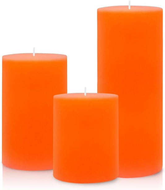 Set of 3 Different Size Orange Pillar Candles, Unscented Dripless 2.75x3, 2.75x4, 2.75x6 Inch Fall Colored Cylinder Column Wax Candles for Thanksgiving Day Power Outage Emergency Table