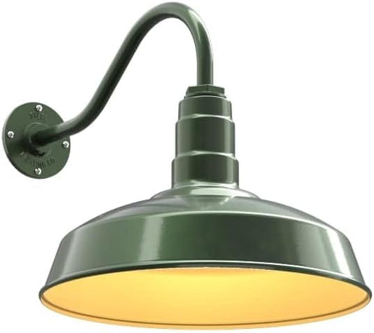Steel Lighting Co. Gardena Barn Light | Outdoor Wall Mounted | 16" Dome | 16" Gooseneck | Farmhouse Light Made in America | Hunter Green Exterior/Brass Interior