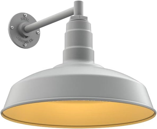Steel Lighting Co. Gardena Barn Light | Outdoor Wall Mounted | 16" Dome | 11" Straight Arm | Farmhouse Light Made in America | Modern Gray Exterior/Brass Interior