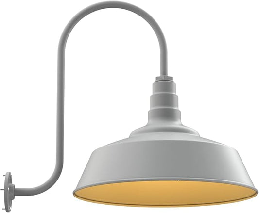 Steel Lighting Co. Redondo Barn Light | Outdoor Wall Mounted | 20 inch Dome | Upward Sloping Gooseneck | Large Farmhouse Warehouse Light Made in America | Modern Gray Exterior/Brass Interior